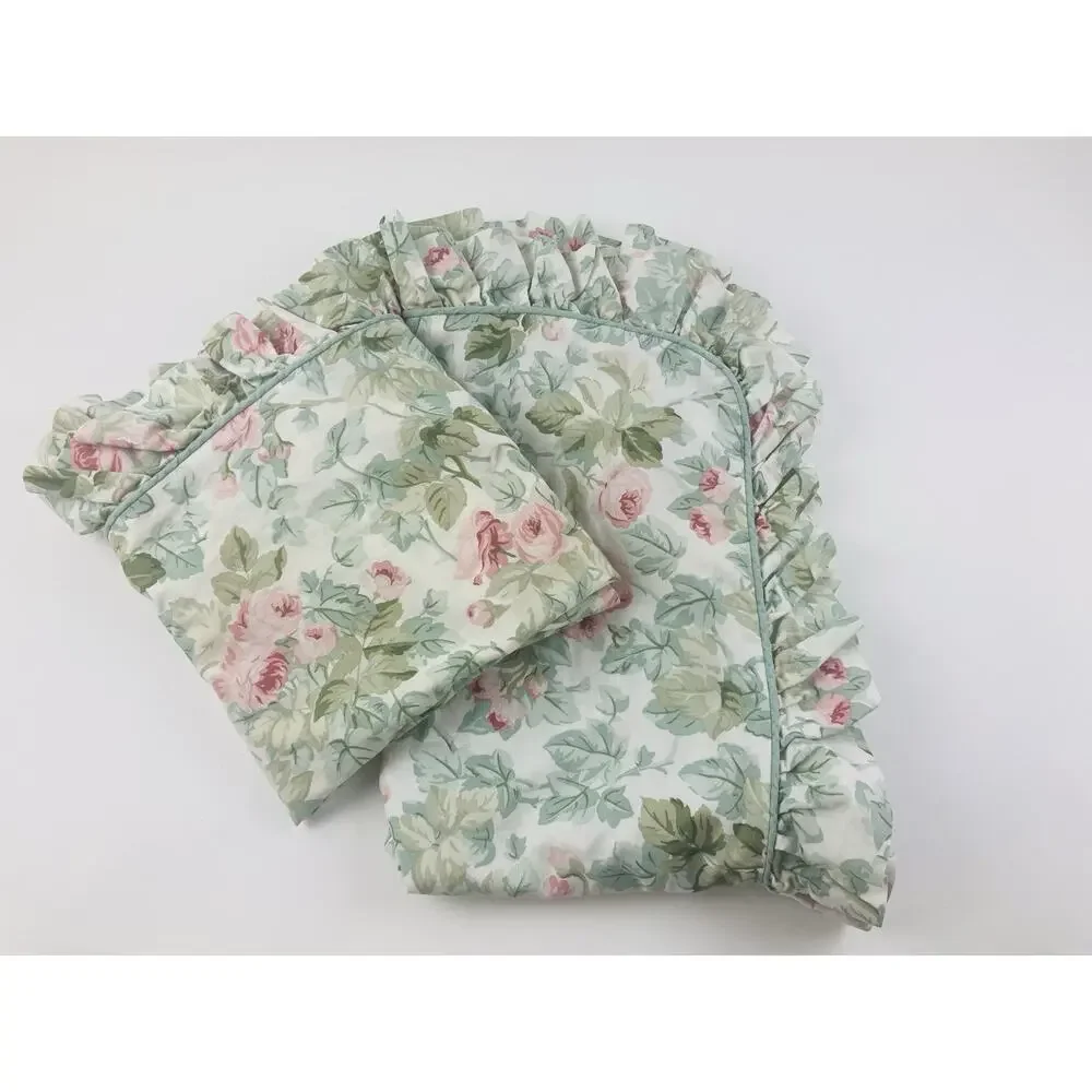 Vntge Laura Ashley KING Cottage Rose Set 2 Ruffled Pillow Shams Green Pink Cases